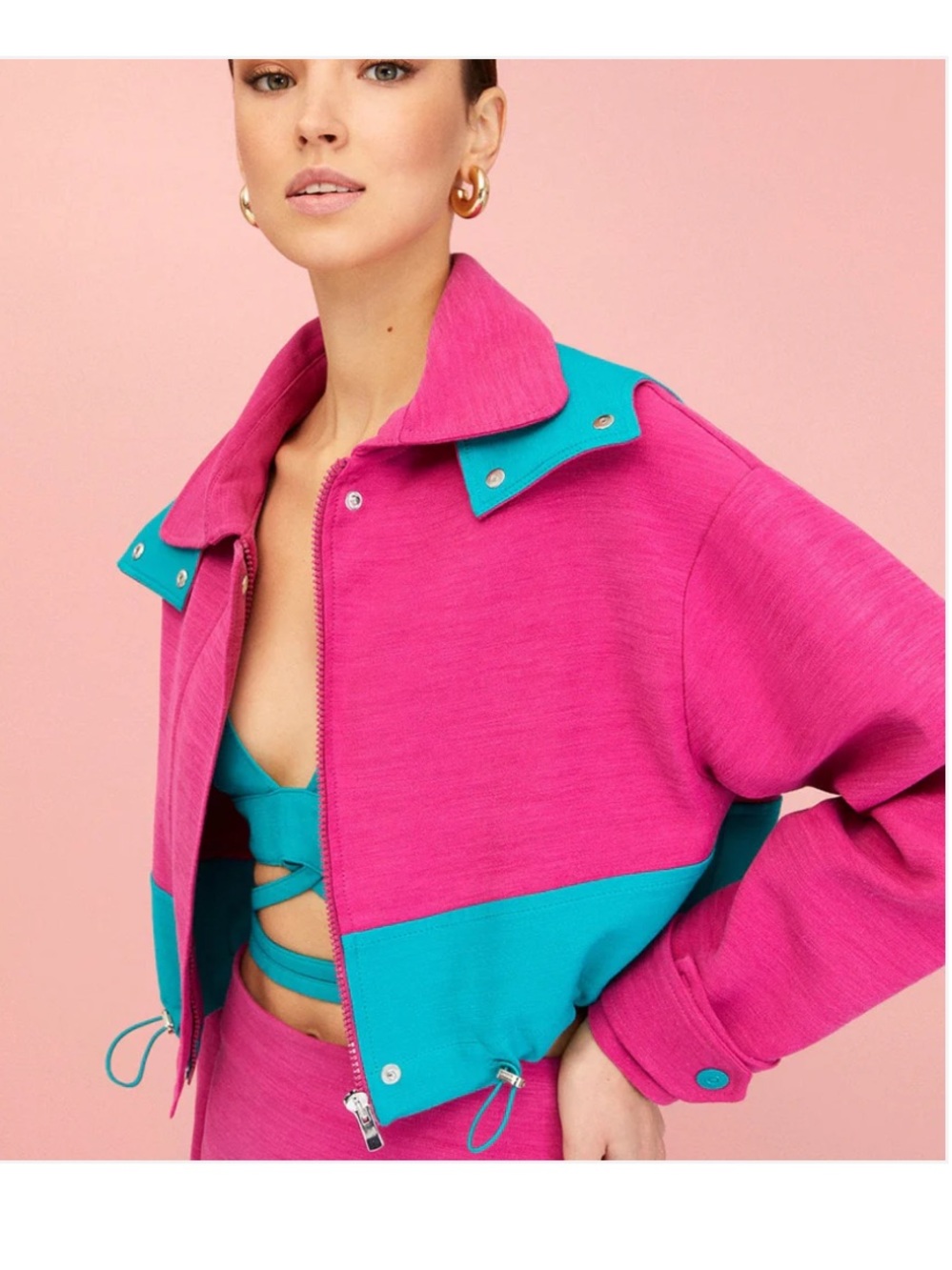 Nocturne fuscia and turquoise colorblock cropped jacked hood size 6